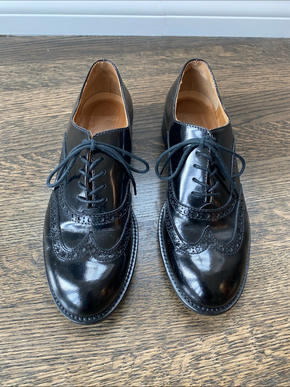 Classic Black Leather Wingtip Brogues - Women's Lace-Up Flats